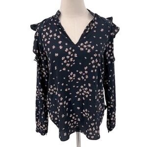 Ann Taylor Navy Cream Floral V Neck Cold Shoulder Ruffled Blouse Size XS Women’s